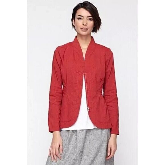 Eileen Fisher Linen Jacket Women's 1X Stand Shawl Collar Peplum Zip Lightweight - Picture 4 of 16